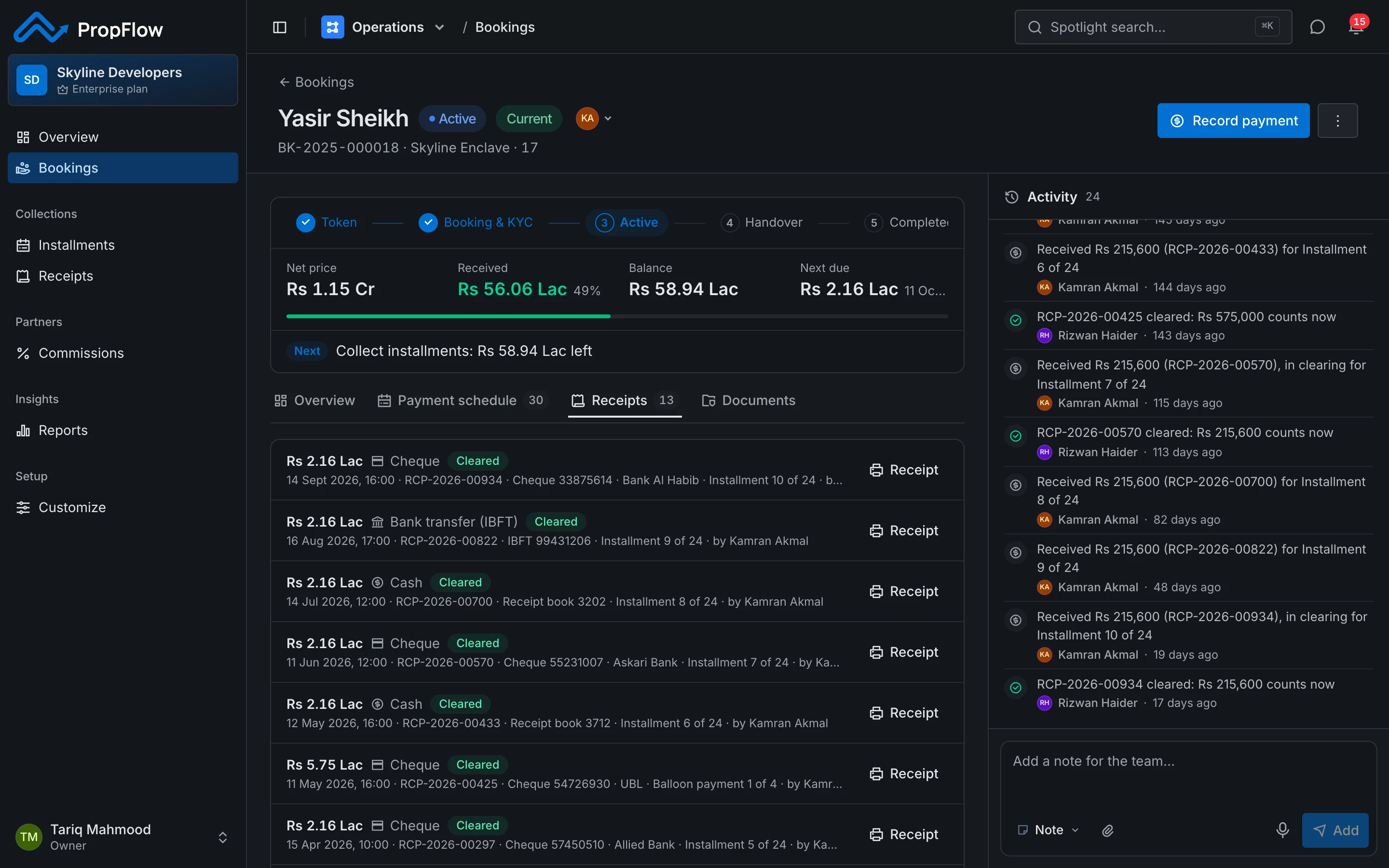 PropFlow screen: Every booking, from token to handover