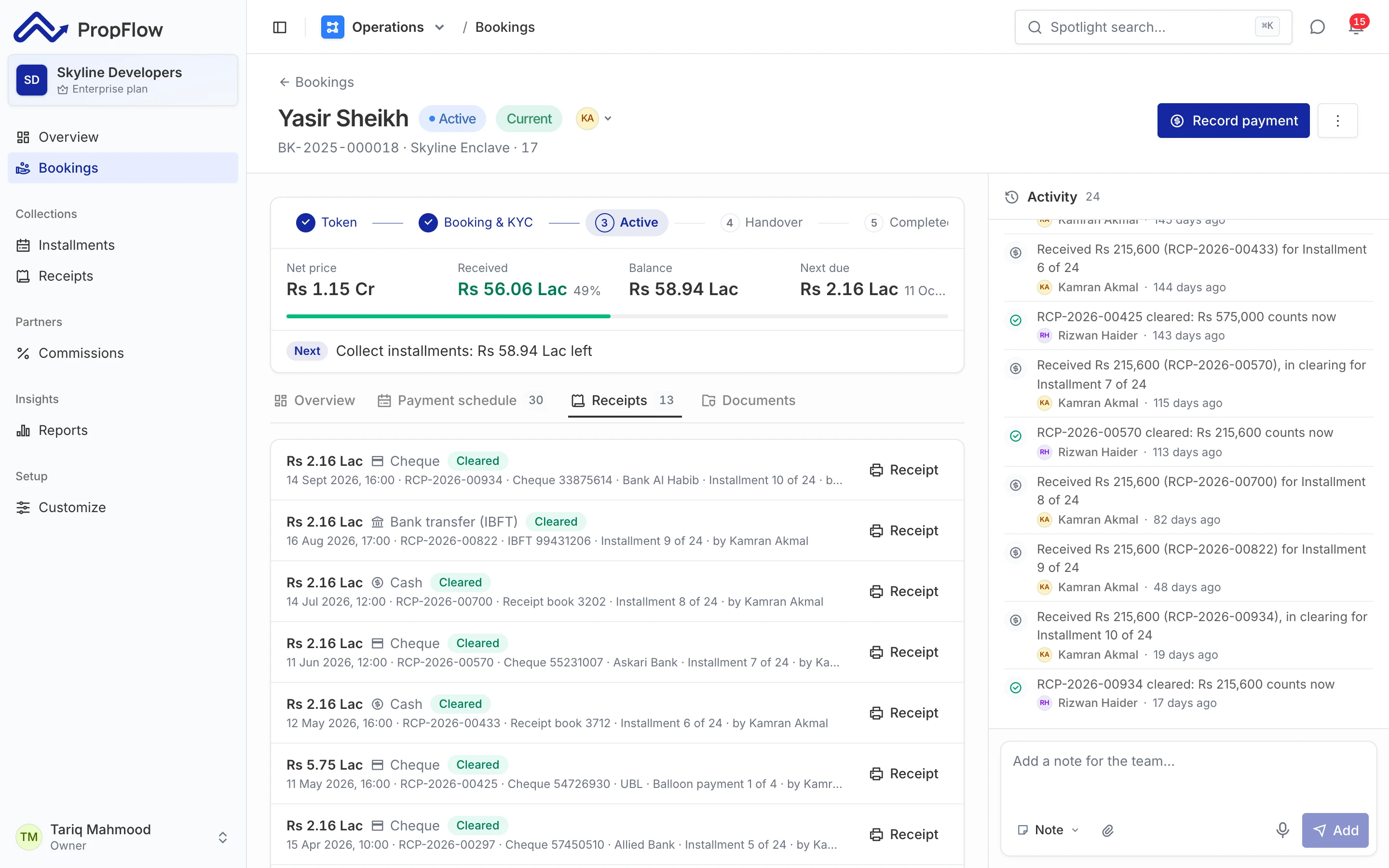 PropFlow screen: Every booking, from token to handover