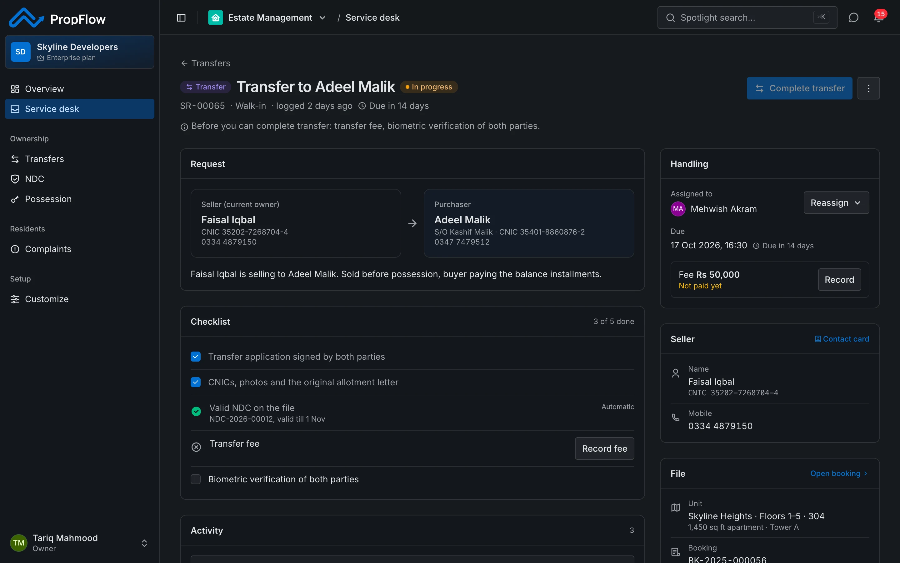 PropFlow screen: Transfers, NDCs and possession without the file chasing