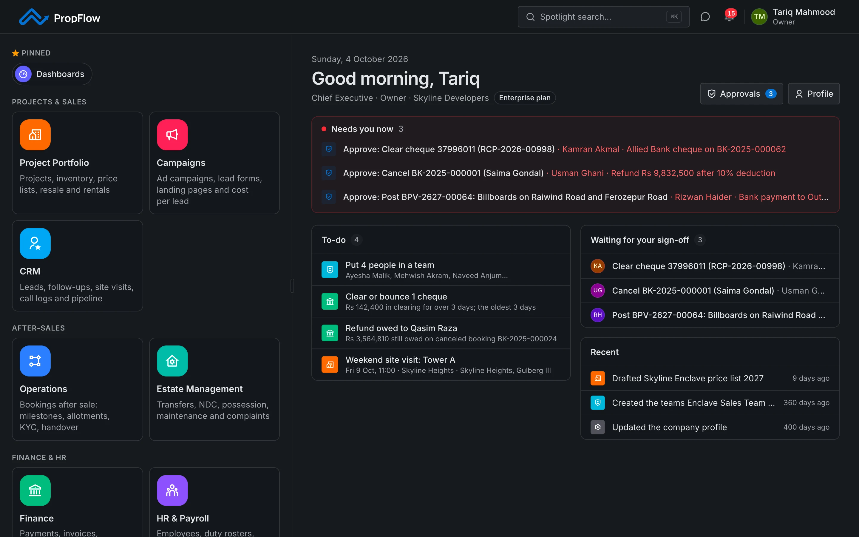 PropFlow app launcher with My Desk: today's to-dos and every app in one place
