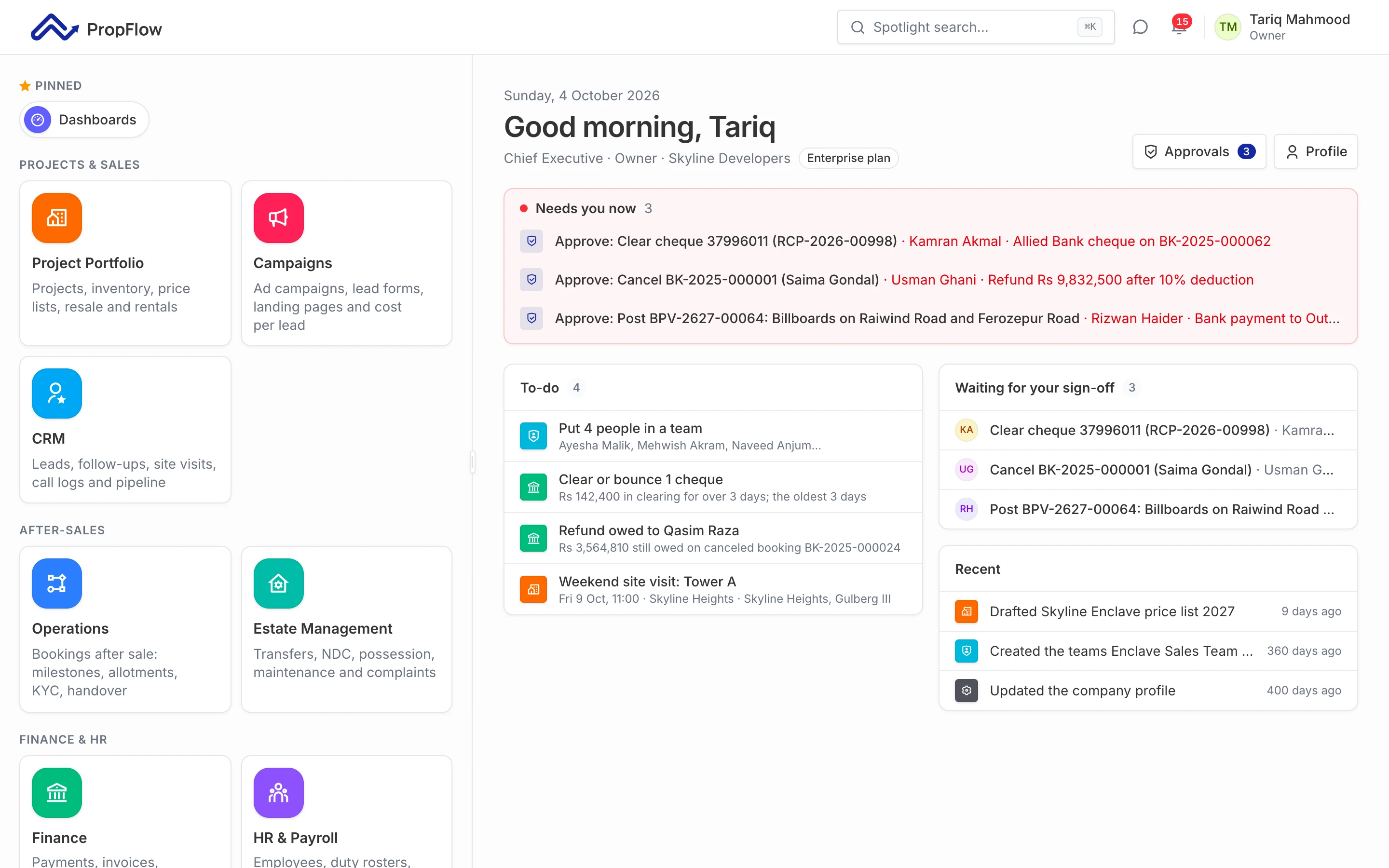PropFlow app launcher with My Desk: today's to-dos and every app in one place