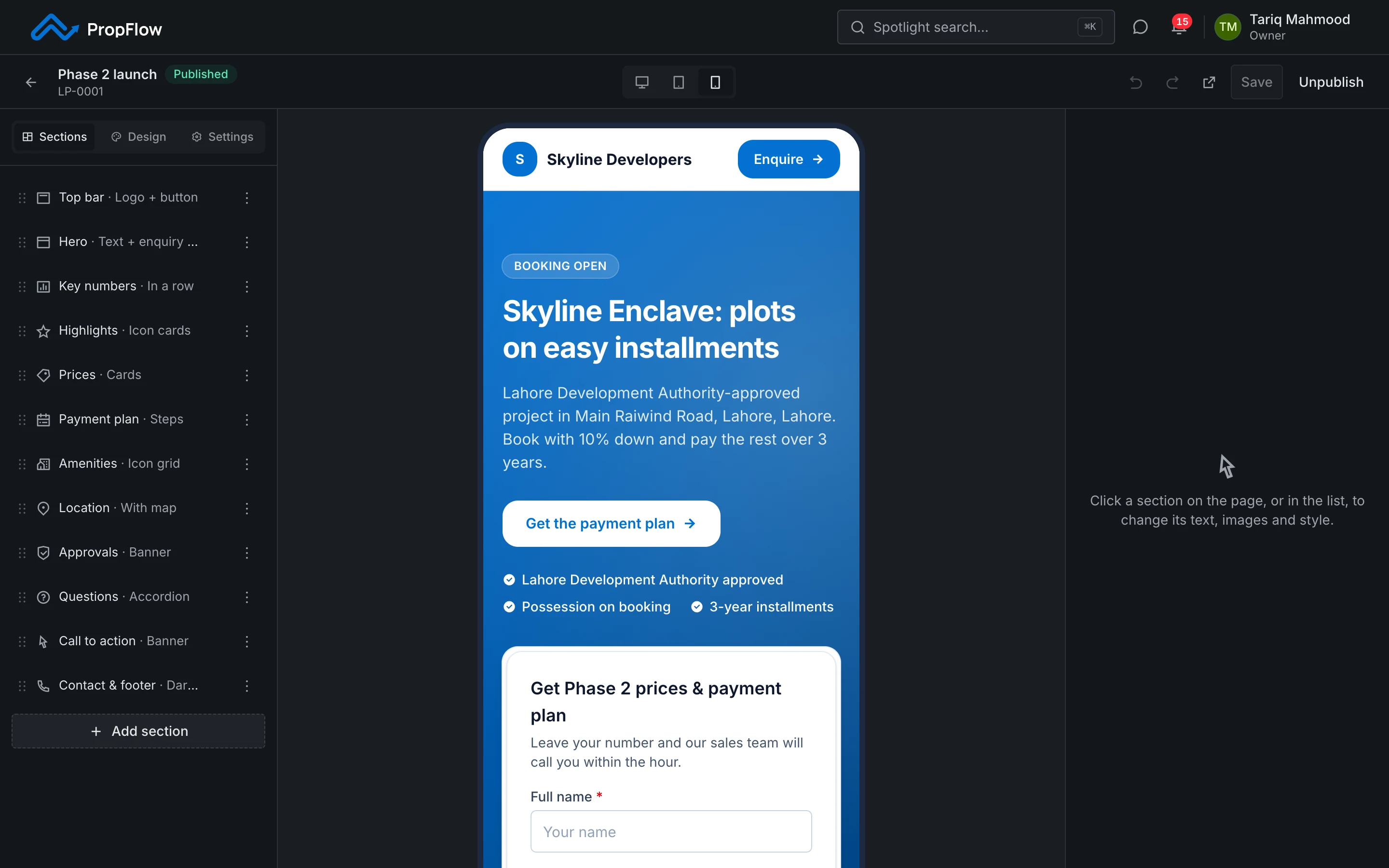 PropFlow screen: Launch pages in minutes, not weeks