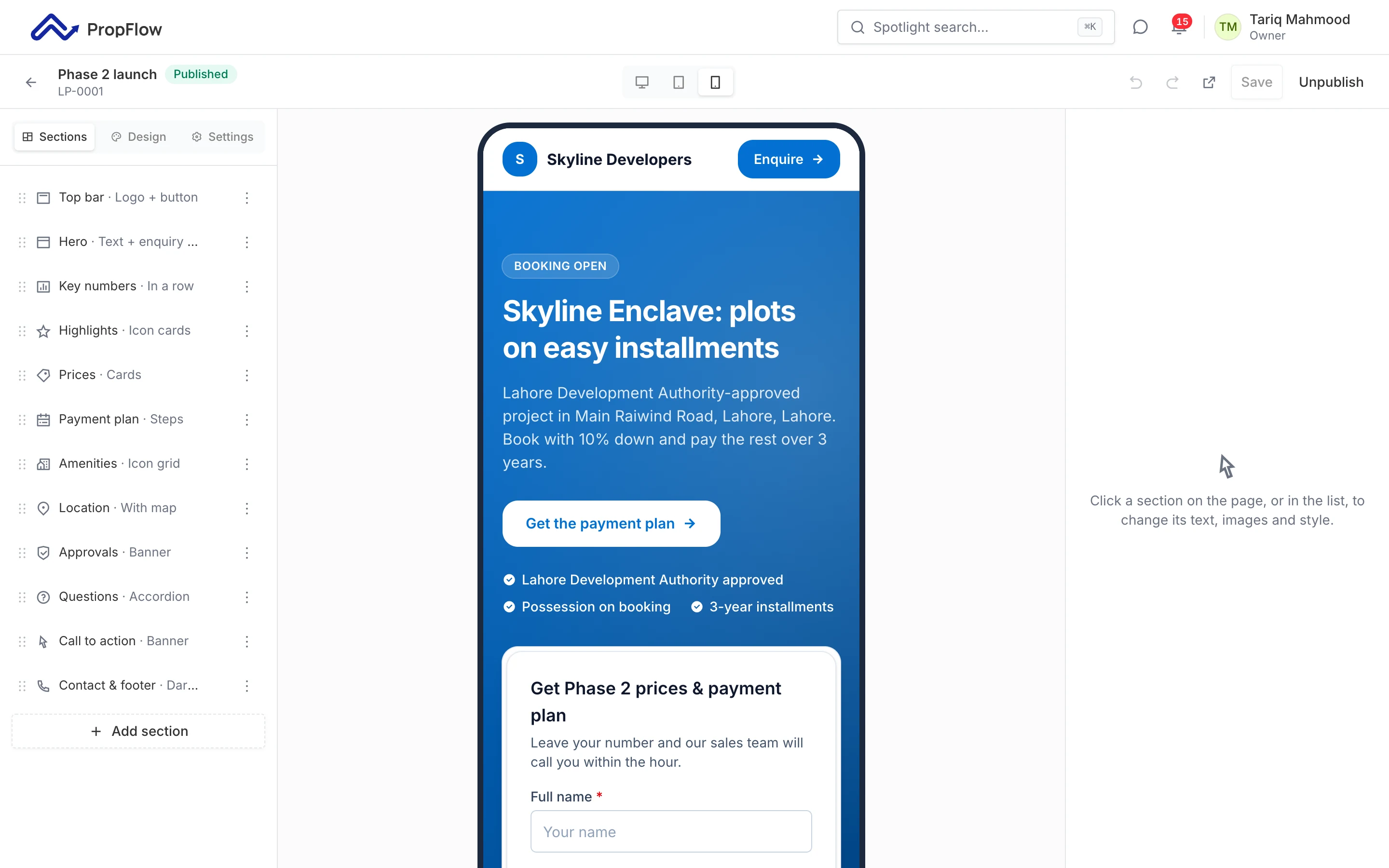 PropFlow screen: Launch pages in minutes, not weeks
