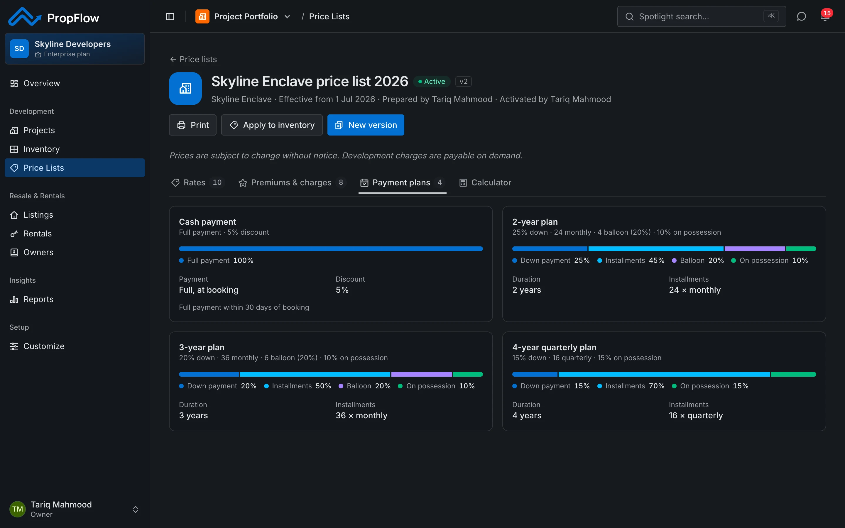 PropFlow screen: Prices that follow your price list, automatically