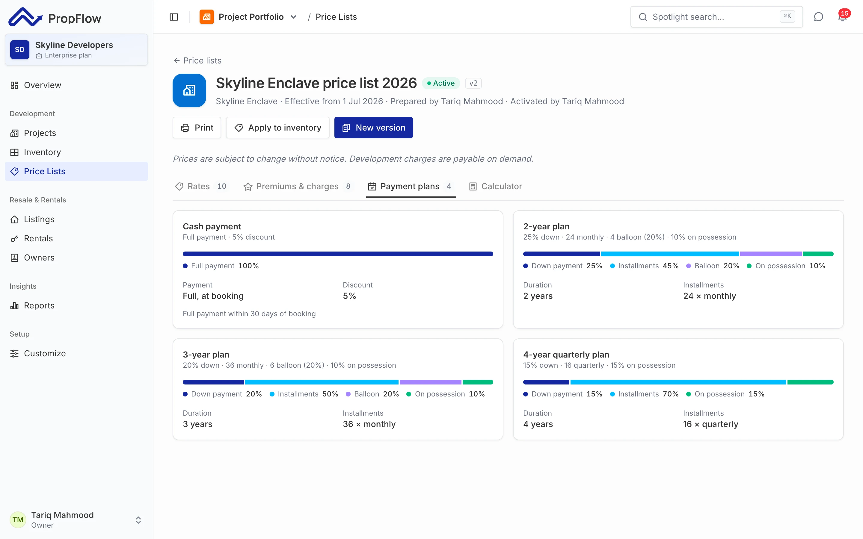 PropFlow screen: Prices that follow your price list, automatically